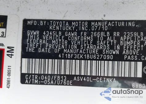 2011 Toyota Camry Le from USA, damaged, VIN 4T1BF3EK1BU627090